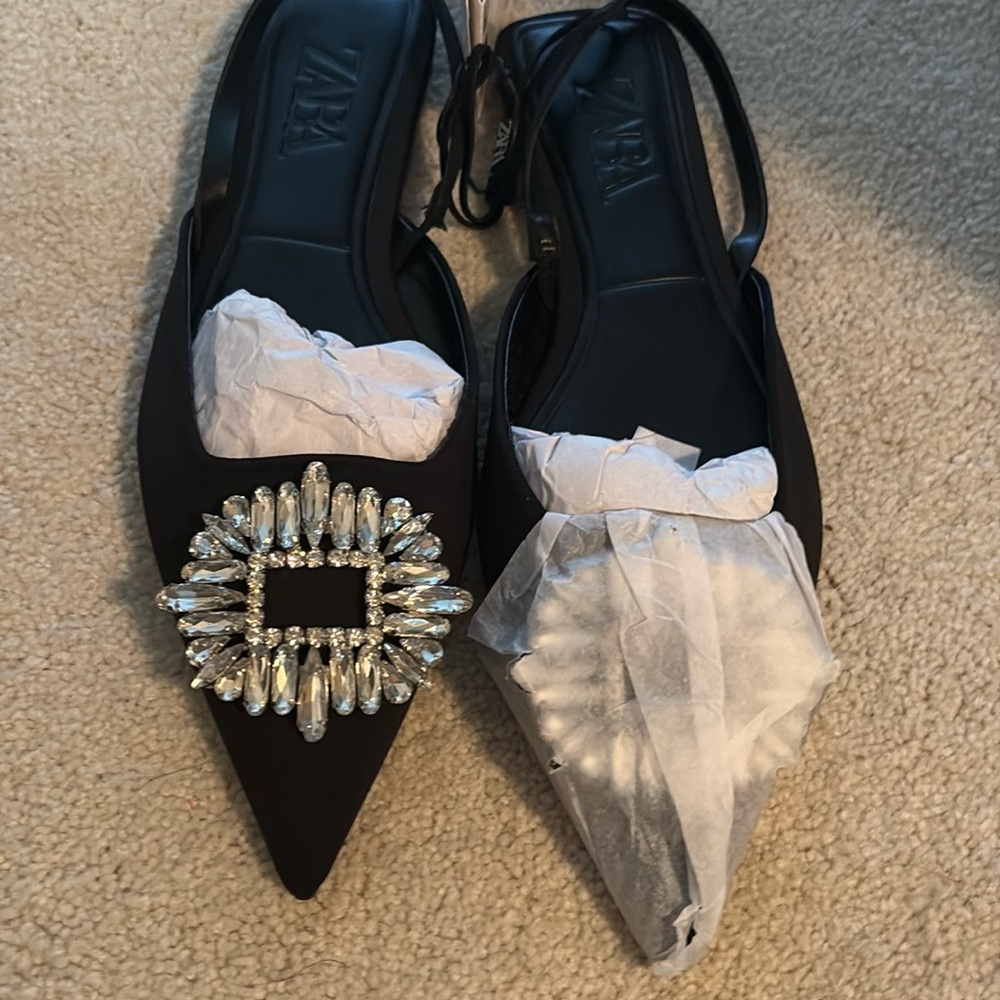 Zara black sling black flats with jewel